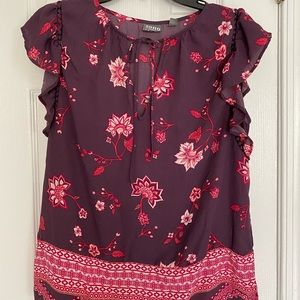 Women’s top with butterfly sleeves; maroon with red and pink design; size S